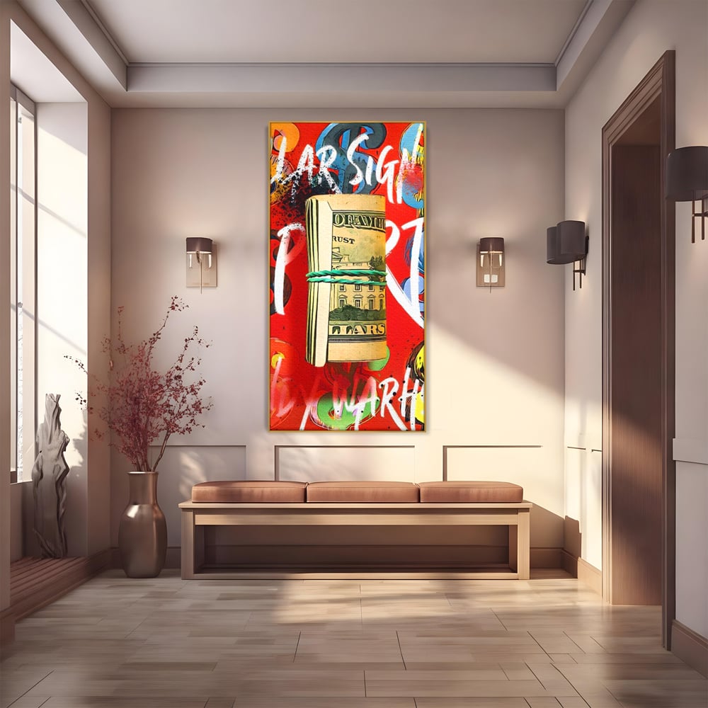 Tablou canvas cu tablou canvas cu teanc de dolari, in rama de aluminiu auriu